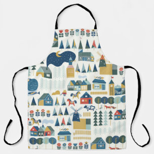 Nahtloses Muster mit skandinavischem Dorf in der V Schürze