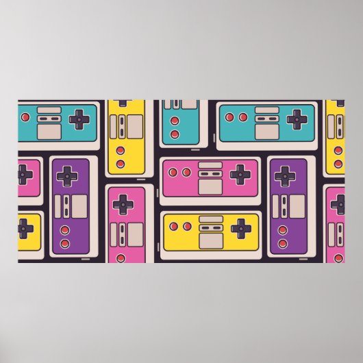 Nahtloses Muster mit Spieljoysticks. Farbenfroh Poster (Vorne)