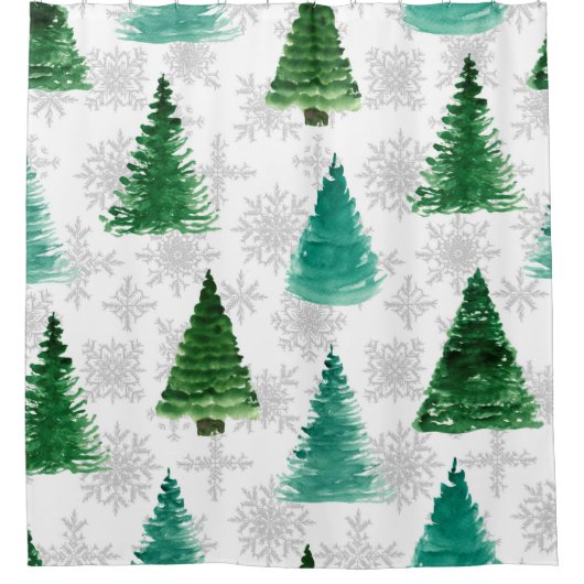 Nahtloses Muster mit Tannenbaum und Schneeflocken. Duschvorhang (Vorderseite)