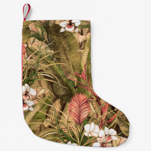 Nahtloses Muster mit tropischen Blätter und Blume. Kleiner Weihnachtsstrumpf