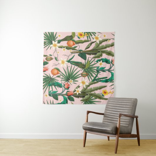 Nahtloses Muster mit tropischen Blättern, Blume un Wandteppich (Beispiel (Horizontal))