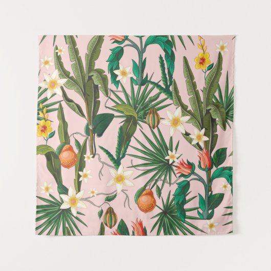 Nahtloses Muster mit tropischen Blättern, Blume un Wandteppich (Vorderseite)