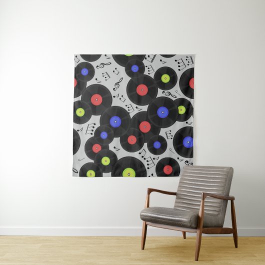 Nahtloses Muster mit Vinyl-Platten und Noten. Wandteppich (Beispiel (Horizontal))