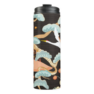 Nahtloses Muster mit Vögeln. Kranich Heron. Japan Thermosbecher