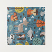 Nahtloses Muster mit Waldtieren auf blauem Rücken Wandteppich (Vorderseite (Horizontal))