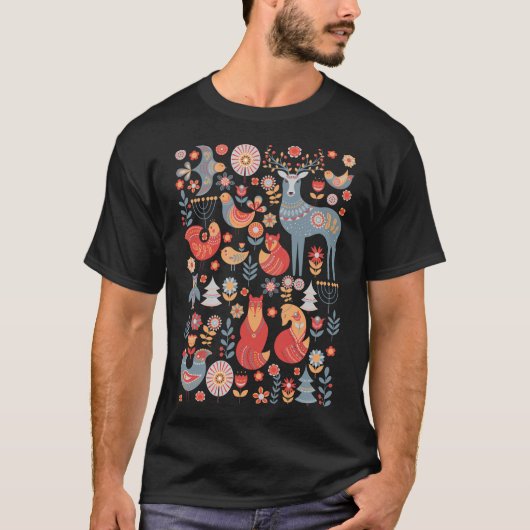 Nahtloses Muster mit Winterwald-Hirschschale und F T-Shirt (Vorderseite)