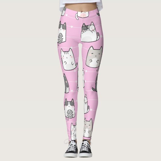 Nahtloses Muster Niedlich Kawaii Cats Herzlinie Leggings (Vorderseite)
