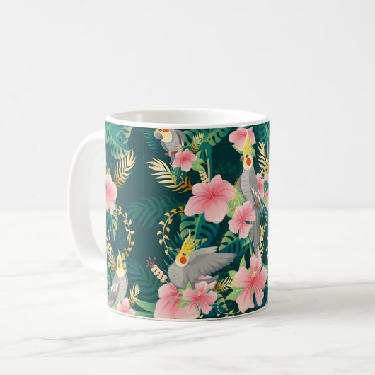 Nahtloses Muster niedlicher Kakatielpapagei sitzt Kaffeetasse (Vorderseite Links)