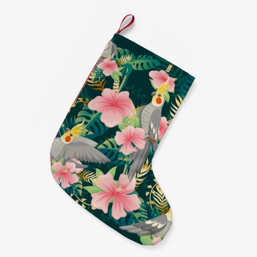 Nahtloses Muster niedlicher Kakatielpapagei sitzt Kleiner Weihnachtsstrumpf (Vorderansicht (hängend))