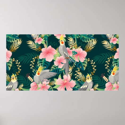 Nahtloses Muster niedlicher Kakatielpapagei sitzt Poster (Vorne)