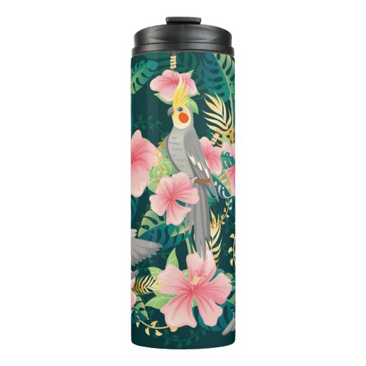 Nahtloses Muster niedlicher Kakatielpapagei sitzt Thermosbecher (Vorderseite)