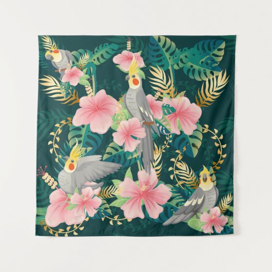 Nahtloses Muster niedlicher Kakatielpapagei sitzt Wandteppich (Vorderseite)