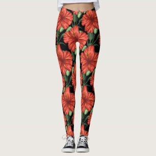 Nahtloses Muster Tropische rote Blumen grüne Blätt Leggings