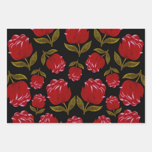 Nahtloses Muster von rote Rosen auf schwarzem Hint Geschenkpapier Set (Vorderseite 2)