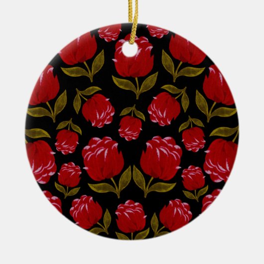 Nahtloses Muster von rote Rosen auf schwarzem Hint Keramik Ornament (Vorne)