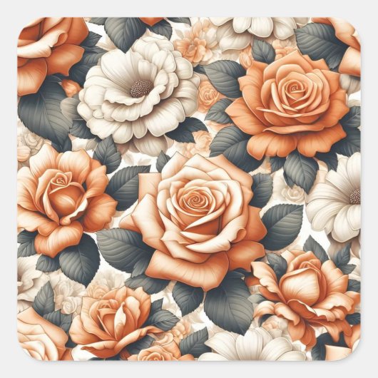 Nahtloses Orangen- und Weißrosenmuster Quadratischer Aufkleber (Vorderseite)