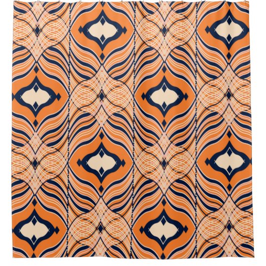 Nahtloses orientalisches Muster, schwarz, orange. Duschvorhang (Vorderseite)