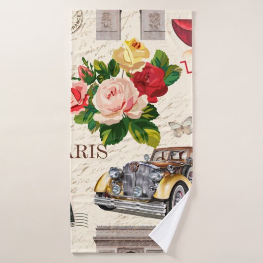 Nahtloses Pariser Vintages Ambiente mit Retroauto, Badehandtuch (Badehandtuch)