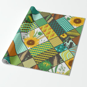 Nahtloses Patchwork mit Getreide, Sonnenblumen Geschenkpapier