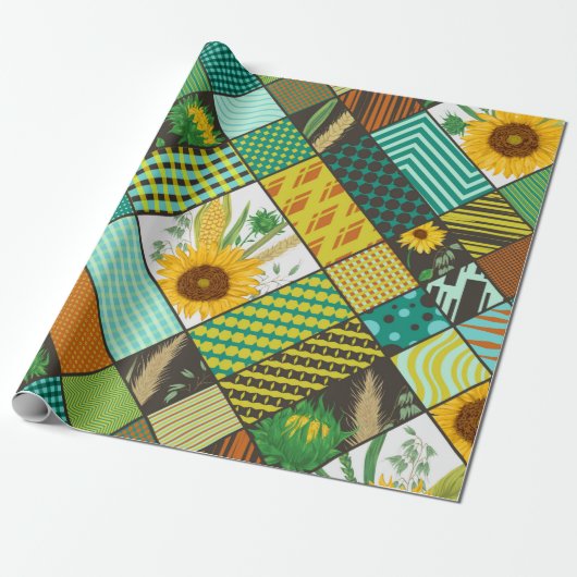 Nahtloses Patchwork mit Getreide, Sonnenblumen Geschenkpapier (Ungerollt)