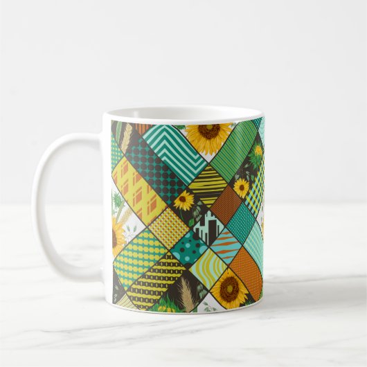 Nahtloses Patchwork mit Getreide, Sonnenblumen Kaffeetasse (Links)