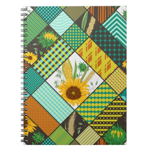 Nahtloses Patchwork mit Getreide, Sonnenblumen Notizblock (Vorderseite)