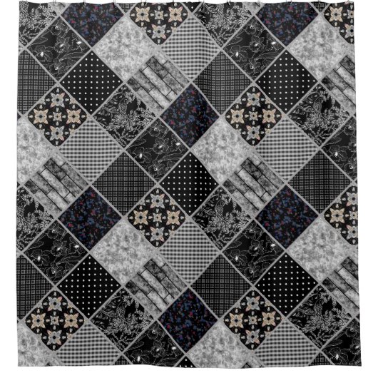 Nahtloses Patchwork Monochrom Schwarz-Weiß-Pflaste Duschvorhang (Vorderseite)