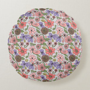 Nahtloses Retro-Blumenmuster Boho Rundes Kissen