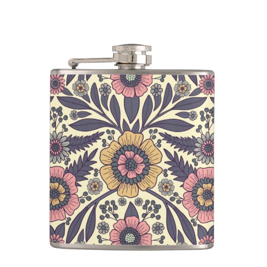 Nahtloses rosa und blaues Blumenmuster Flachmann (Vorderseite)