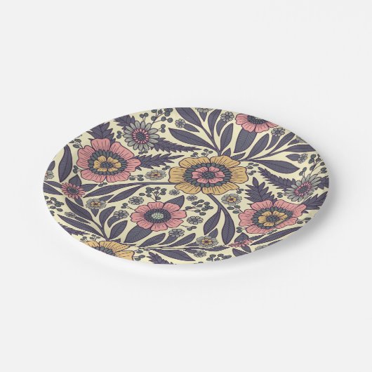 Nahtloses rosa und blaues Blumenmuster Pappteller (Schrägansicht)