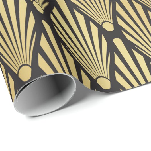 Nahtloses Schwarz und Gold Art Deco Palmenblattmus Geschenkpapier (Rolleneckpunkt)