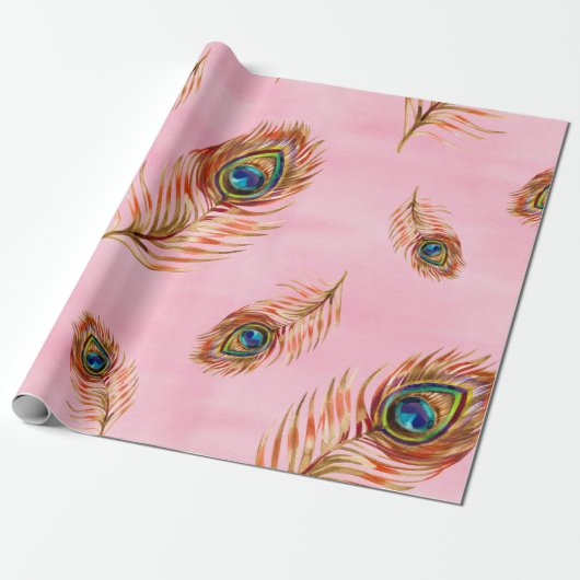 Nahtloses Wasserfarbmuster mit goldener Pfauenfede Geschenkpapier (Ungerollt)