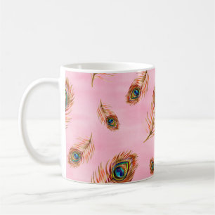 Nahtloses Wasserfarbmuster mit goldener Pfauenfede Kaffeetasse