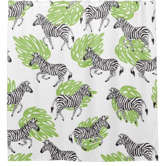 Nahtloses weißes Muster mit Zebras. Darstellung Duschvorhang (Vorderseite)