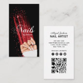 Nail Art Red Glitzer Elegantes Script QR Code Visitenkarte (Vorne/Hinten)