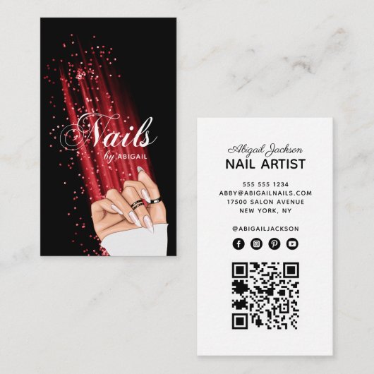 Nail Art Red Glitzer Elegantes Script QR Code Visitenkarte (Vorne/Hinten)