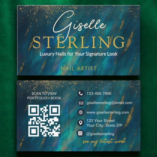 Nail Artist Dark Green Opal Stone QR Code Visitenkarte