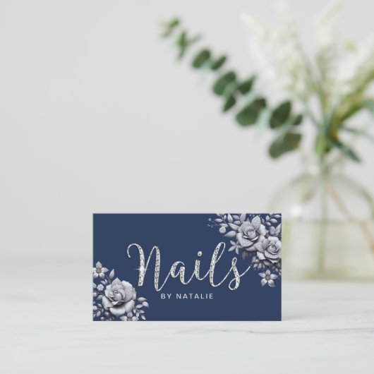 Nail Artist Diamond Typografie Silver Floral Navy Visitenkarte (Stehend Vorderseite)