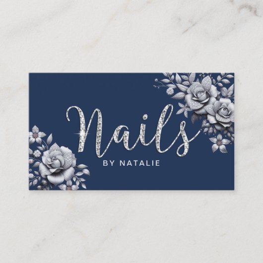 Nail Artist Diamond Typografie Silver Floral Navy Visitenkarte (Vorderseite)