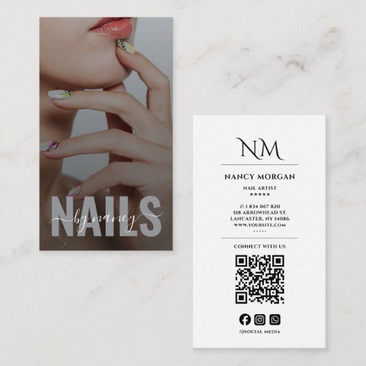 Nail Artist Elegant Script Photo Monogram QR Code Visitenkarte (Vorne/Hinten)