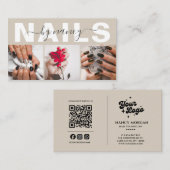 Nail Artist Photo Collage Qr Code Logo Beige Visitenkarte (Vorne/Hinten)