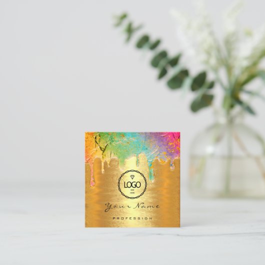 Nail Makeup Holograph Tropfen Logo QRCode Gold Uni Quadratische Visitenkarte (Stehend Vorderseite)
