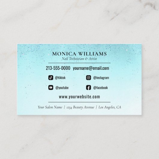 Nail Manicurist Tech Turquoise Glam Glitzer Visitenkarte (Rückseite)