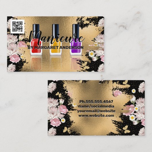 Nail Polish | Gold-Blume | QR-Code Terminkarte (Vorne/Hinten)