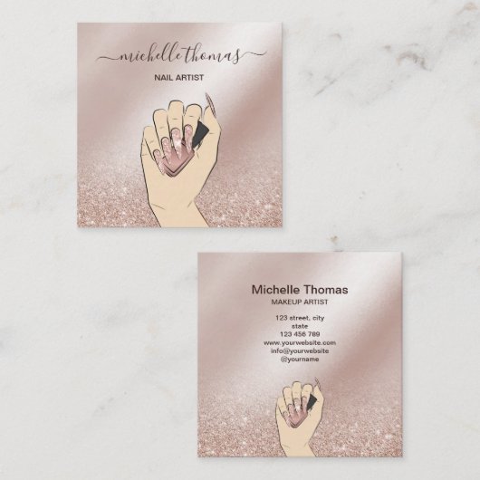 NAIL Rose gold NAIL TECHNICIAN Sq Quadratische Visitenkarte (Vorne/Hinten)