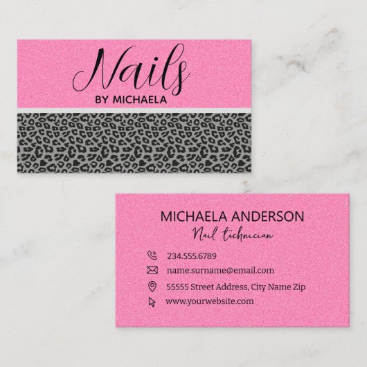 Nail Salon Girly Pink Leopard Tierdruckerei Visitenkarte (Vorne/Hinten)