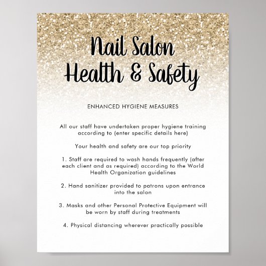 Nail Salon Health Safety Poster Gold Glitzer (Vorne)
