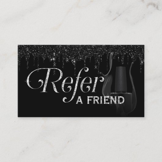 Nail Salon Manicurist Black Glitzer Tropfen Refere Empfehlungskarte (Vorderseite)
