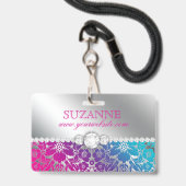 Nail Salon Techniker Floral Damask Pink Blue  Ausweis (Back with Lanyard)