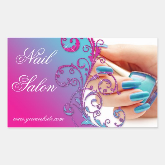 Nail Salon Techniker Floral Damask Pink Blue Rechteckiger Aufkleber (Vorderseite)